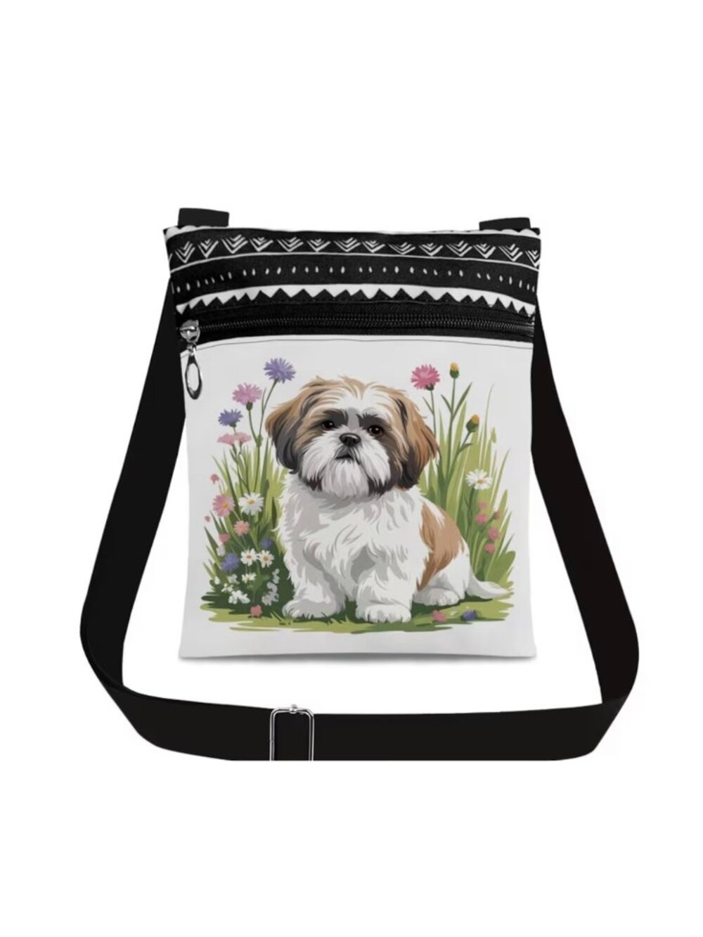 Dog & Floral Crossbody Bag With Adjustable Strap & Multiple Pockets
